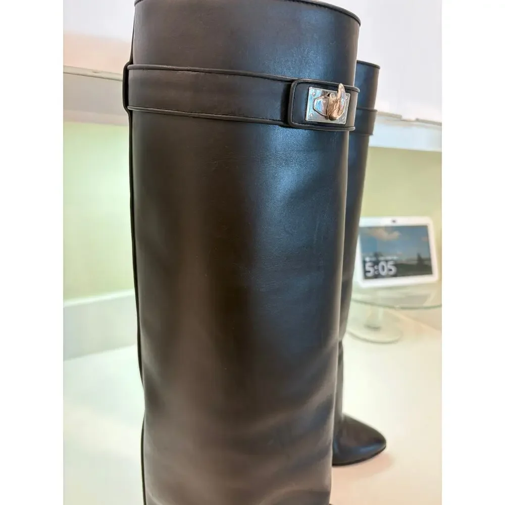 Givenchy Shark Lock Leather Wedge Knee High Boots Black Women’s 38 8 - Picture 8 of 17